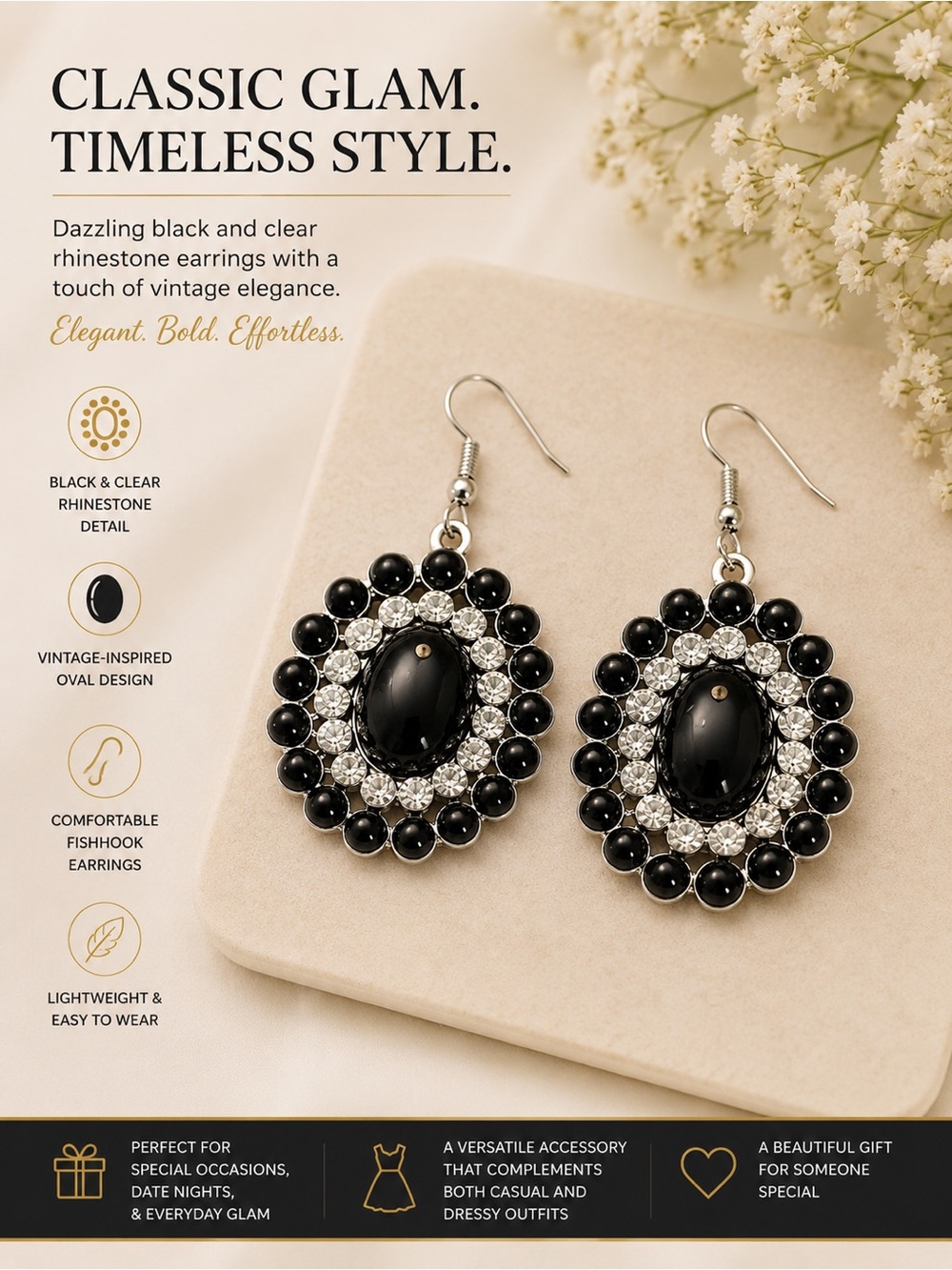 paparazzi Black and Clear Rhinestone Oval Drop Earrings
